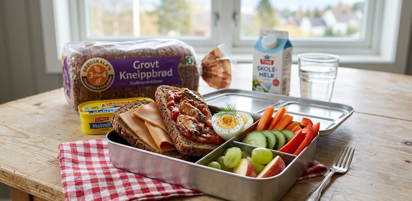 Matboks med grovbrød med ost og makrell i tomat, egg, gulrot, agurk, paprika, druer og eple, ved siden av grovt kneippbrød og skolemelk på et kjøkkenbord